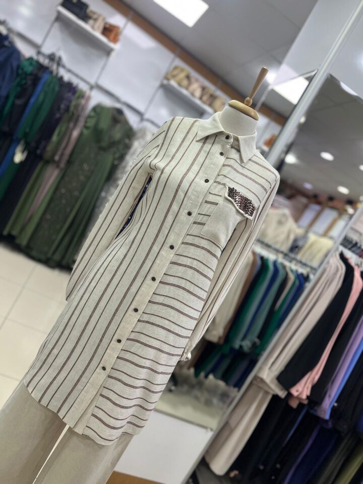 1529 CEBİ TAŞ DETAYLI ÖNÜ DÜĞMELİ KOL UCU LASTİKLİ ÇİZGİLİ GÖMLEK TUNİK #03-25#