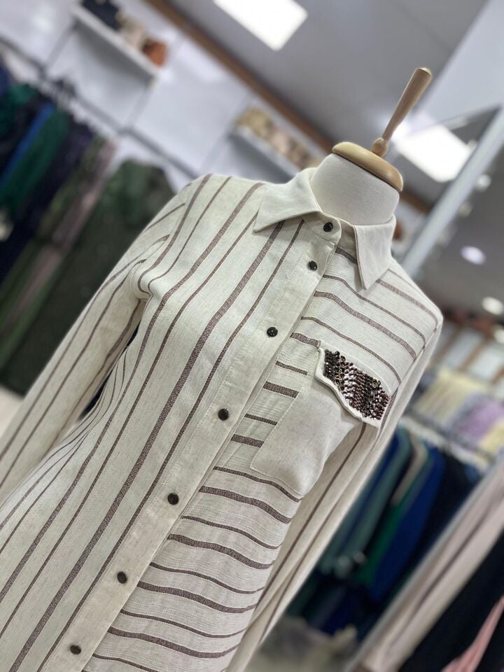 1529 CEBİ TAŞ DETAYLI ÖNÜ DÜĞMELİ KOL UCU LASTİKLİ ÇİZGİLİ GÖMLEK TUNİK #03-25#