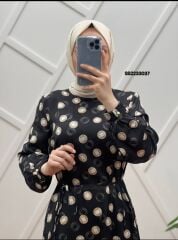 3037 GİZLİ FERMUARLI  BİYE KEMERLİ DÜZ KESİM DESENLİ TWİLL ELBİSE LVSS2233037 QYS ELBİSE #23-01 #