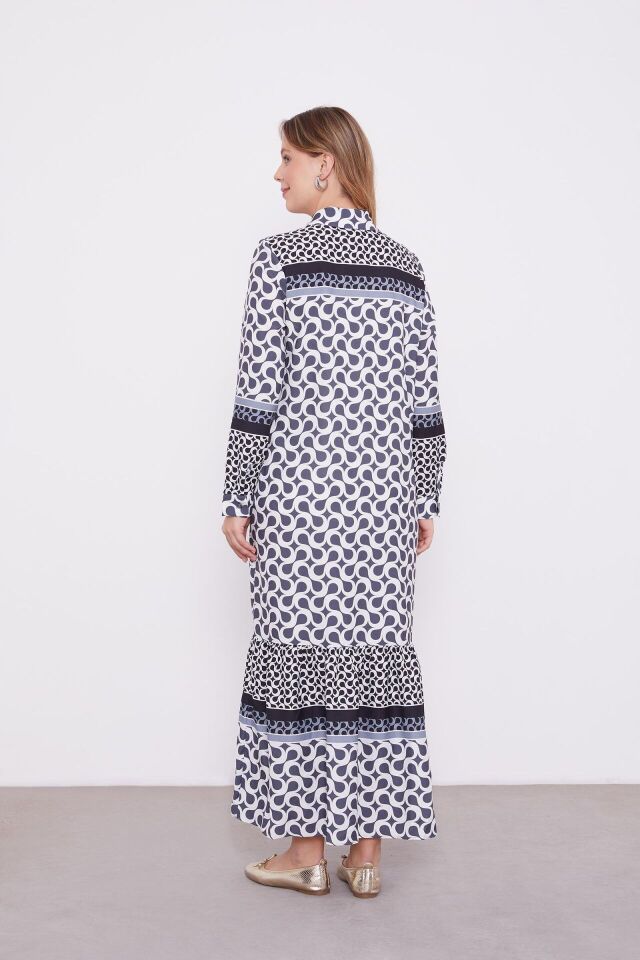 330227 GÖMLEK YAKA YARIYA KADAR DÜĞMELİ KOL UCU MANŞETLİ ETEĞİN UÇ KISMI FIRFIR DETAYLI DESENLİ GÜNLÜK ELBİSE