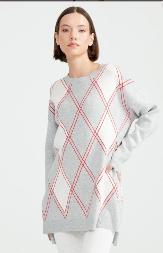 21116 ÇİFT ÇİZGİ BAKLAVA DESENLİ TRİKO TUNİK QKS TUNİK 21116 #23-10#