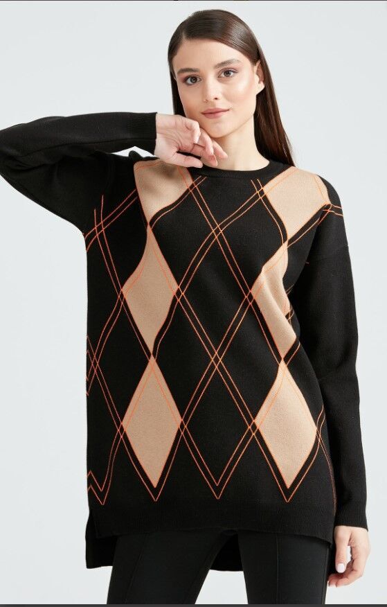 21116 ÇİFT ÇİZGİ BAKLAVA DESENLİ TRİKO TUNİK QKS TUNİK 21116 #23-10#