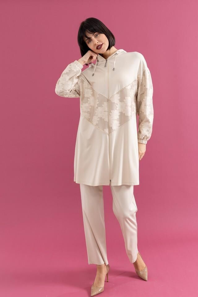 25109 ÖNÜ FERMUARLI KAPİŞONLU ÖNÜ ÇİÇEK DETAYLI ÖNÜ TAŞLI PANTOLONUN BELİ LASTİKLİ İKİLİ SPOR TAKIM #02-25#