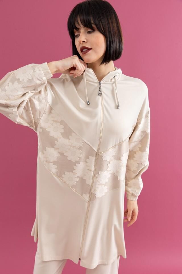 25109 ÖNÜ FERMUARLI KAPİŞONLU ÖNÜ ÇİÇEK DETAYLI ÖNÜ TAŞLI PANTOLONUN BELİ LASTİKLİ İKİLİ SPOR TAKIM #02-25#