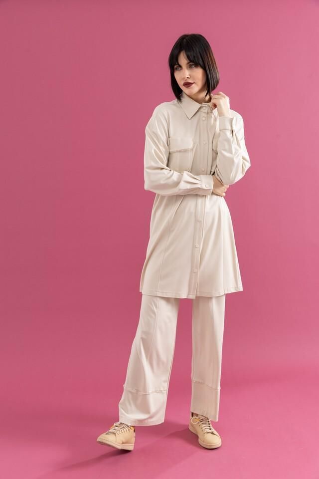 25100 ÖNÜ ÇITÇITLI CEP KAPAĞI TAŞ DETAYLI GÖMLEK YAKA UZUN PANTOLONUN BELİ LASTİKLİ İKİLİ TAKIM #02-25#