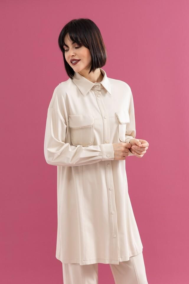 25100 ÖNÜ ÇITÇITLI CEP KAPAĞI TAŞ DETAYLI GÖMLEK YAKA UZUN PANTOLONUN BELİ LASTİKLİ İKİLİ TAKIM #02-25#