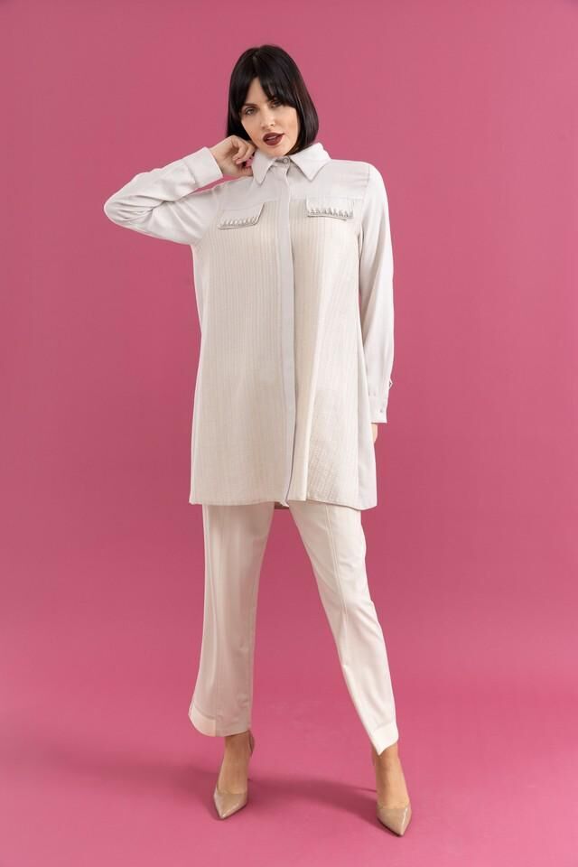 25200 ÖNÜ GİZLİ DÜĞMELİ CEP KAPAKLARI TAŞLI ŞIK GÖMLEK TUNİK #02-25#