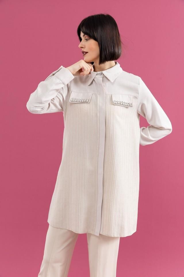 25200 ÖNÜ GİZLİ DÜĞMELİ CEP KAPAKLARI TAŞLI ŞIK GÖMLEK TUNİK #02-25#