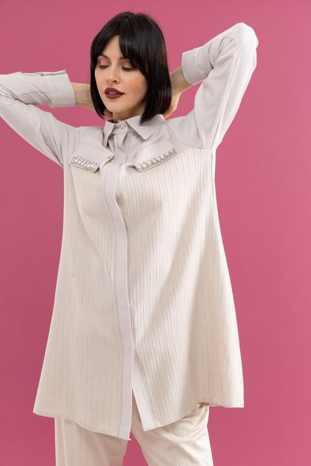 25200 ÖNÜ GİZLİ DÜĞMELİ CEP KAPAKLARI TAŞLI ŞIK GÖMLEK TUNİK #02-25#