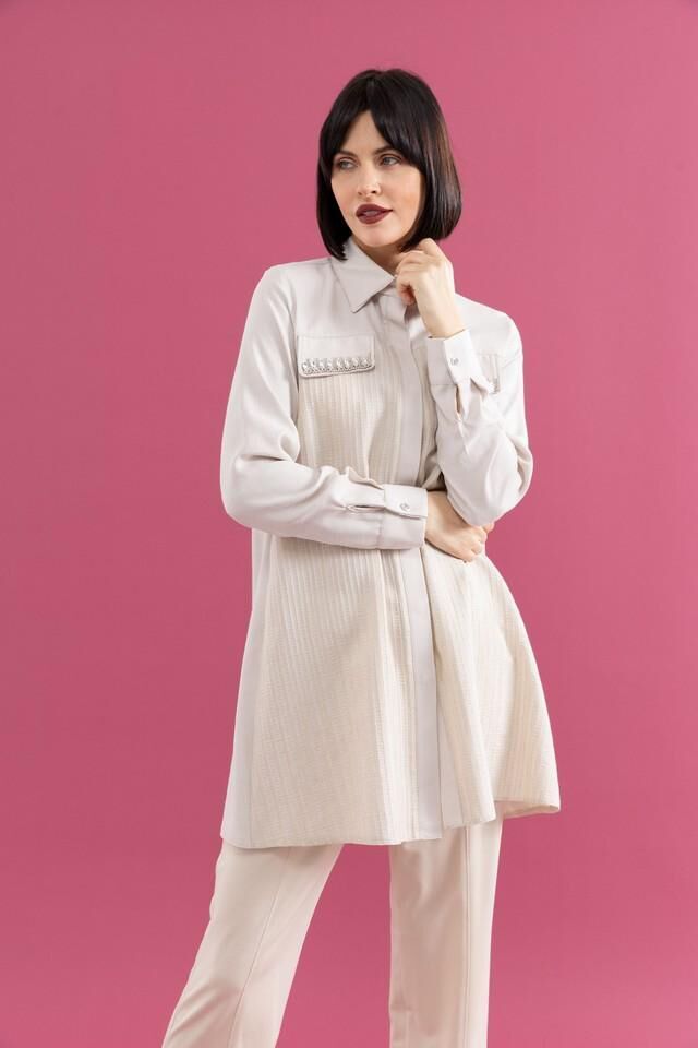 25200 ÖNÜ GİZLİ DÜĞMELİ CEP KAPAKLARI TAŞLI ŞIK GÖMLEK TUNİK #02-25#