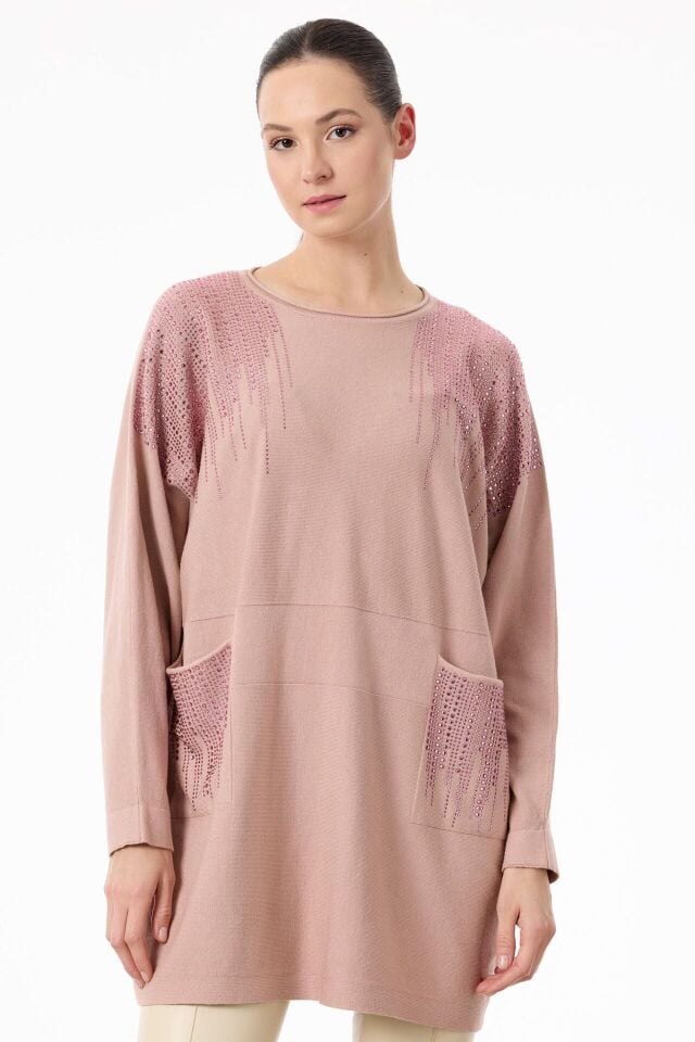 TNK.21755.1	OMUZLARI VE CEPLERİ TAŞLI SOSİS YAKALI TRİKO TUNİK #11-25# 1 - pembe