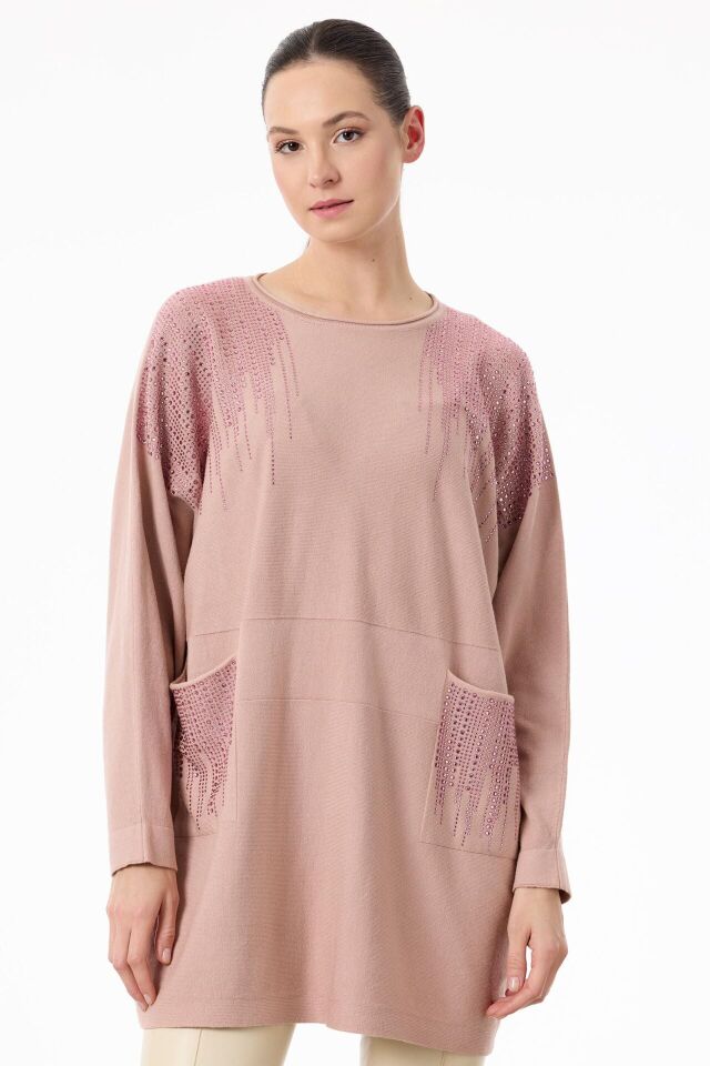 TNK.21755.1	OMUZLARI VE CEPLERİ TAŞLI SOSİS YAKALI TRİKO TUNİK #11-25# 2 - pembe