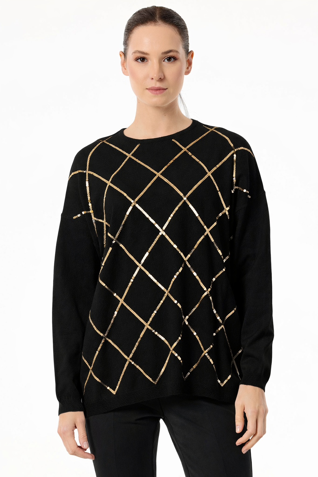 TNK.21756.1	PAYETLİ BAKLAVA DESENLİ TRİKO BLUZ #11-25# 2 - SİYAH