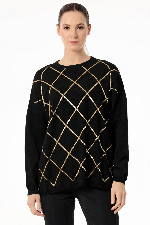 TNK.21756.1	PAYETLİ BAKLAVA DESENLİ TRİKO BLUZ #11-25# 2 - SİYAH