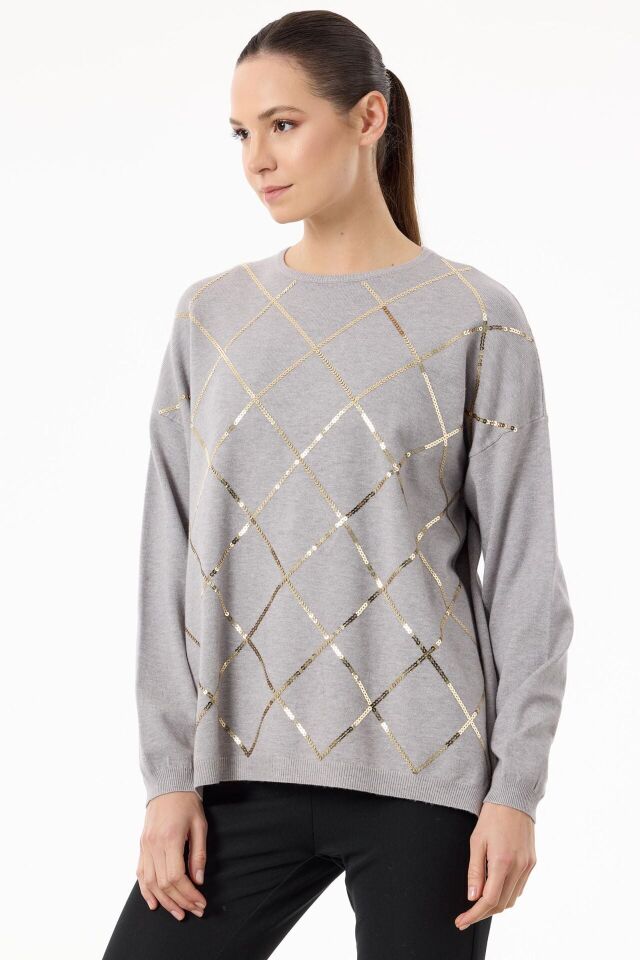 TNK.21756.1	PAYETLİ BAKLAVA DESENLİ TRİKO BLUZ #11-25# 1 - gri