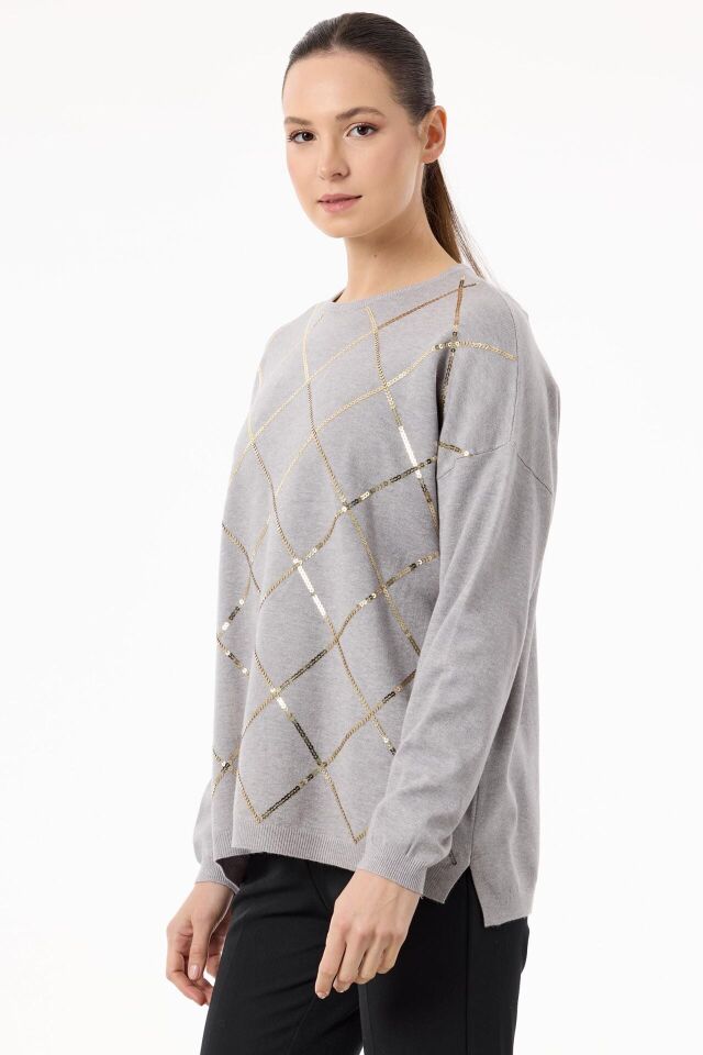 TNK.21756.1	PAYETLİ BAKLAVA DESENLİ TRİKO BLUZ #11-25# 2 - gri