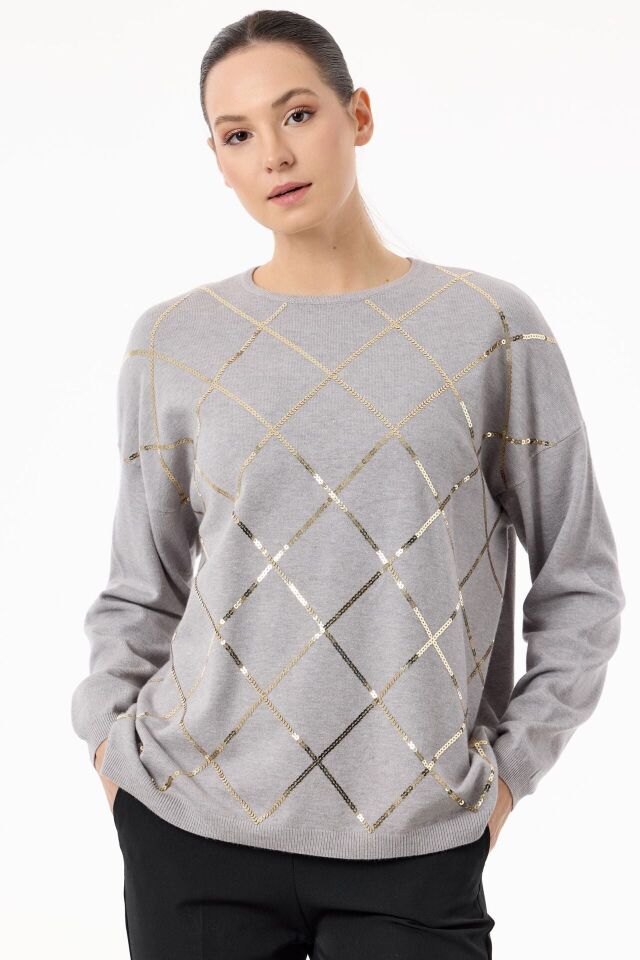TNK.21756.1	PAYETLİ BAKLAVA DESENLİ TRİKO BLUZ #11-25# 2 - gri