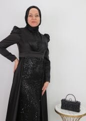 104 ÖNÜ TAŞ VE PUL İŞLEMELİ SIFIR YAKA SATEN BALIK TASARIM ABİYE ELBİİSE QYS ABİYE ELBİSE #23-03#