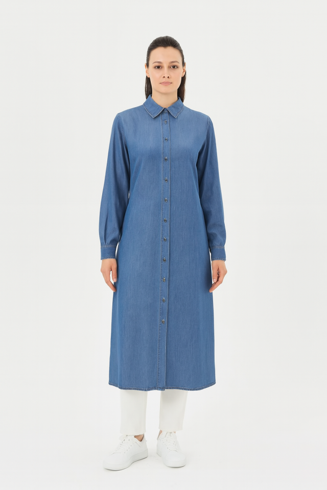 61018 ÖNDEN DÜĞMELİ KOL UCU MANŞETLİ KOT GÖMLEK ELBİSE #03-25#