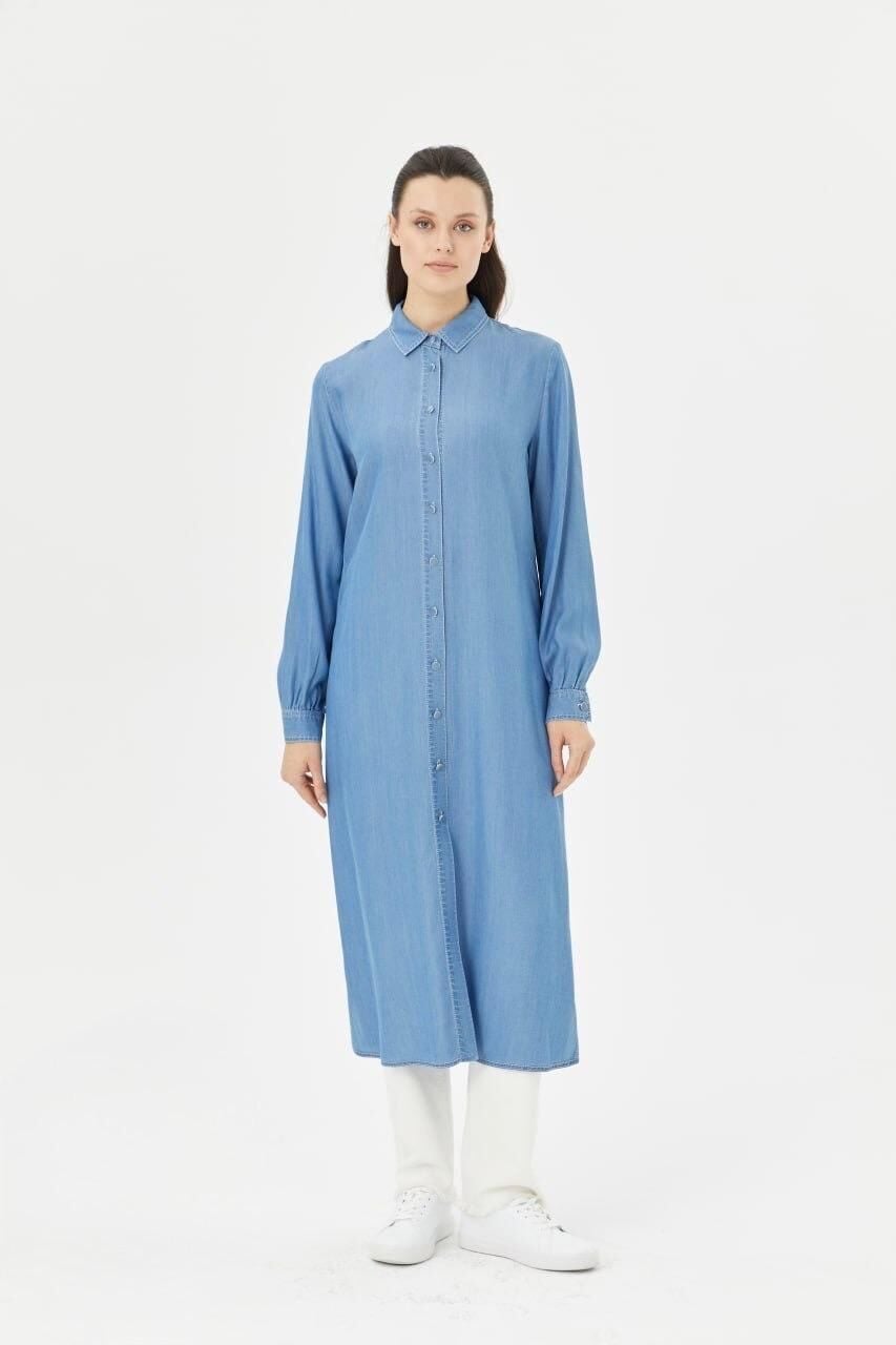 61015 ÖNDEN DÜĞMELİ GÖMLEK YAKA SPOR KOT TUNİK #03-25#