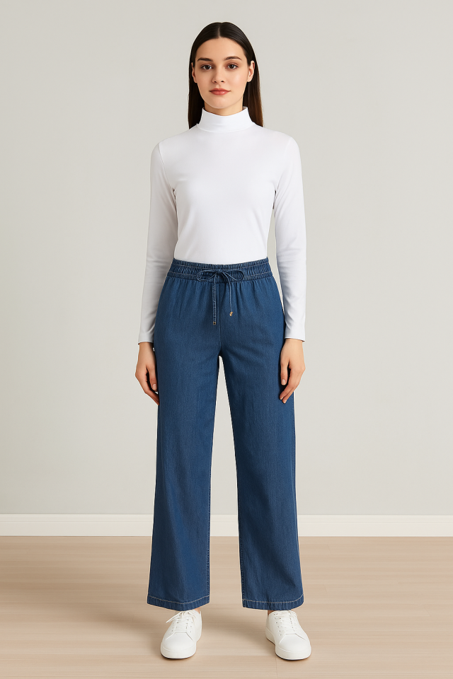 59084 PANTOLUNUN BELİ LASTİKLİ ÖNDEN BAĞLAMALI BOL PAÇA TANSEL PANTOLON #03-25#