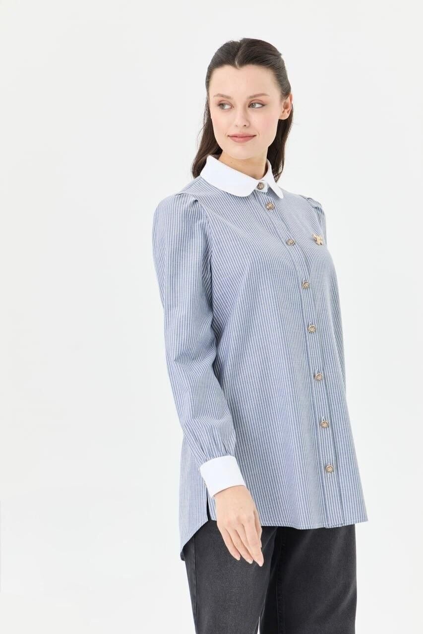 10204 ÖNÜ DÜĞMELİ BEBE YAKA BALON KOL KLASİK SPOR PAMUKLU GÖMLEK #04-25#