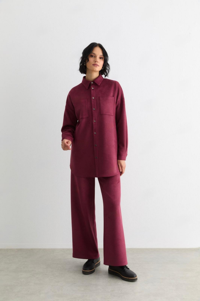 56059 ÖNDEN ÇITÇIT DÜĞMELİ ÇİFT CEPLİ PANTOLONUN BELİ LASTİKLİ SÜET TAKIM #10-25# 42 - bordo