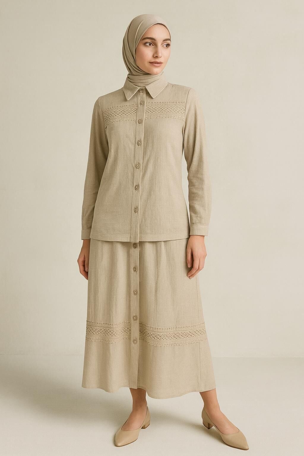 56173 ÖNDEN DÜĞMELİ GÖĞSÜ DANTEL DETAYLI ETEĞİN BELİ LASTİKLİ KETEN ETEKLİ TAKIM #04-25#