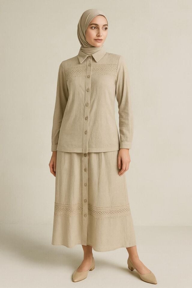 56173 ÖNDEN DÜĞMELİ GÖĞSÜ DANTEL DETAYLI ETEĞİN BELİ LASTİKLİ KETEN ETEKLİ TAKIM #04-25#