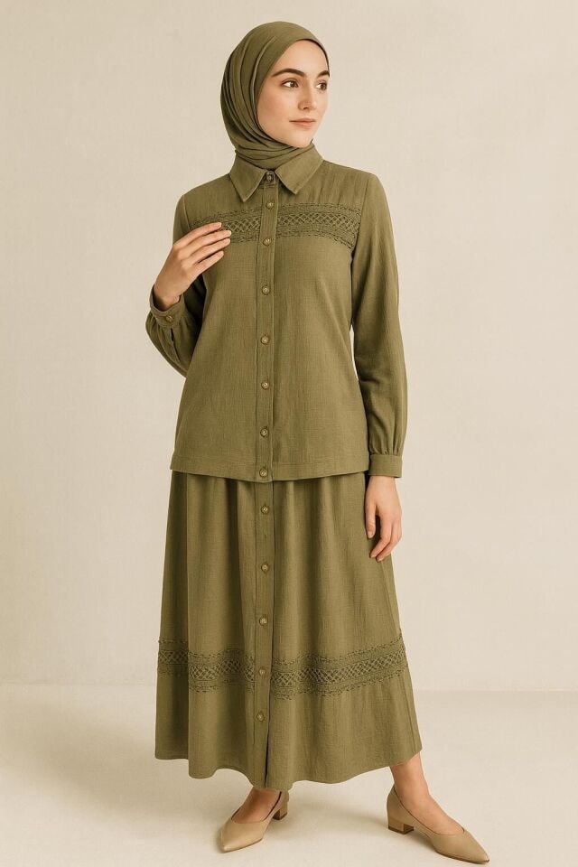 56173 ÖNDEN DÜĞMELİ GÖĞSÜ DANTEL DETAYLI ETEĞİN BELİ LASTİKLİ KETEN ETEKLİ TAKIM #04-25#