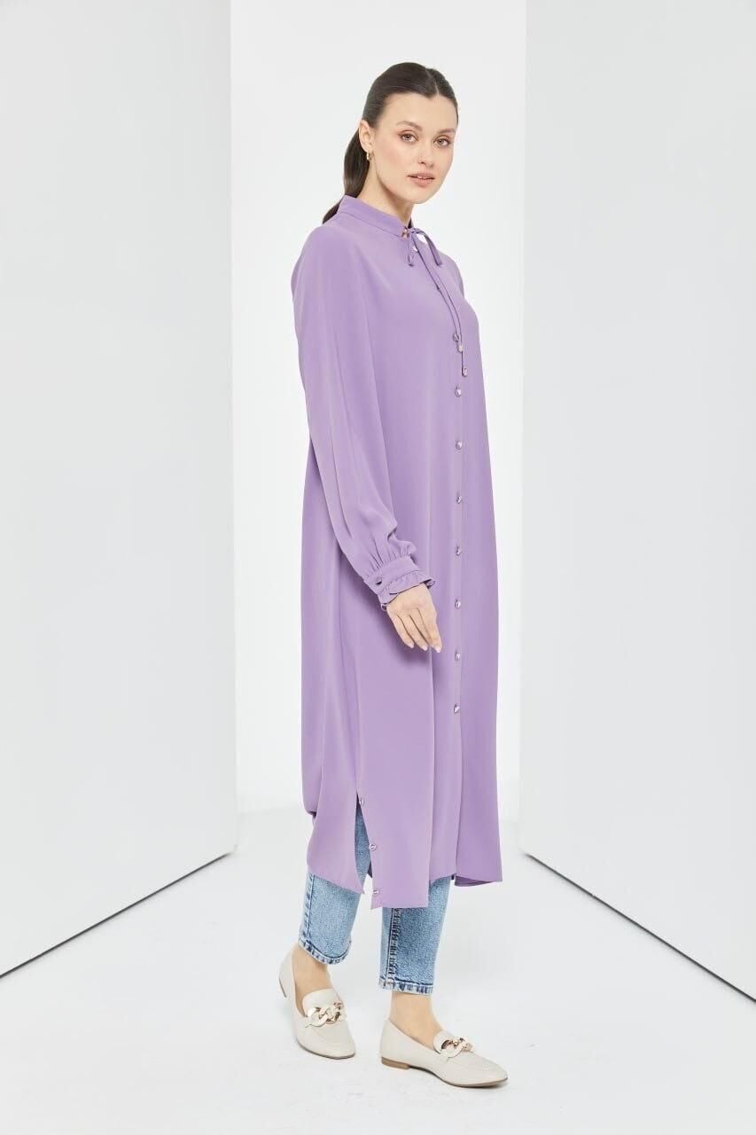 61093 HAKİM YAKA ÖNDEN DÜĞMELİ KOL UCU MANŞETLİ YANI YIRTMAÇLI UZUN TUNİK #04-25#