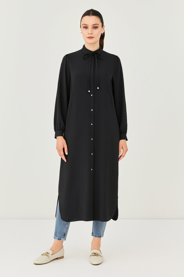 61093 HAKİM YAKA ÖNDEN DÜĞMELİ KOL UCU MANŞETLİ YANI YIRTMAÇLI UZUN TUNİK #04-25#