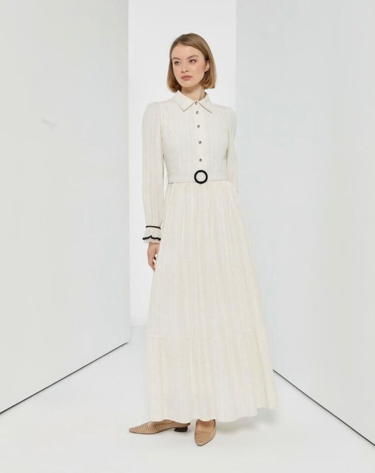 63079 GÖMLEK YAKA BELİ KEMERLİ ÖNÜ YARIM DÜĞMELİ KOL UCU TÜY DETAYLI KETEN ELBİSE #04-25#