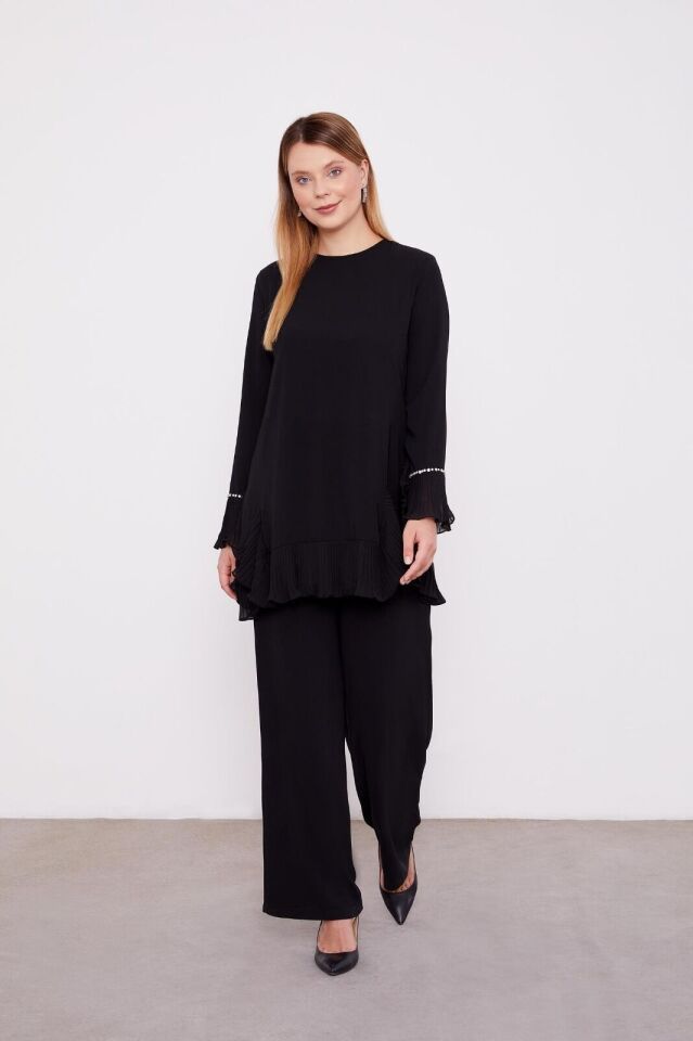 100416 SIFIR YAKA KOL UCU TAŞLI PİLİSESİ VOLANLI EN ALT KISMI VOLANLI ASİMETRİK KESİM PANTOLONUN BELİ LASTİKLİ ŞIK TAKIM #02-25#