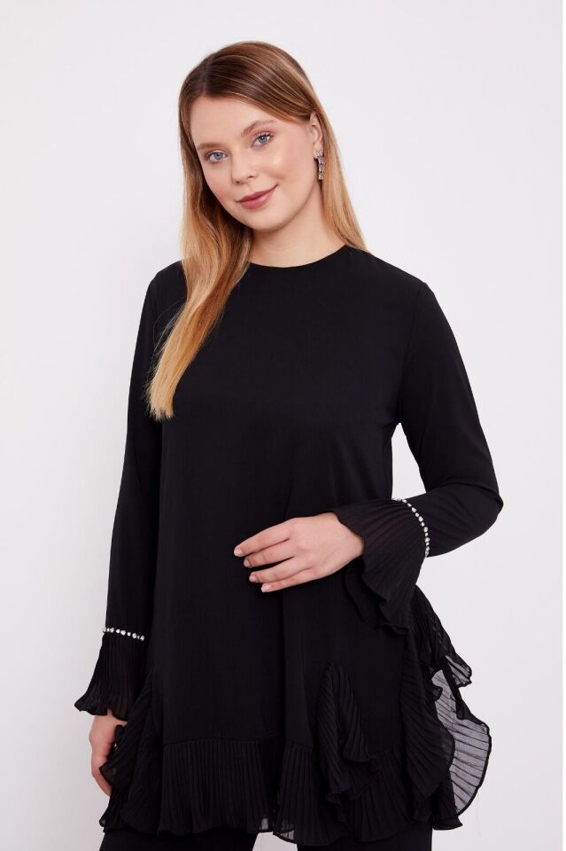 100416 SIFIR YAKA KOL UCU TAŞLI PİLİSESİ VOLANLI EN ALT KISMI VOLANLI ASİMETRİK KESİM PANTOLONUN BELİ LASTİKLİ ŞIK TAKIM #02-25#