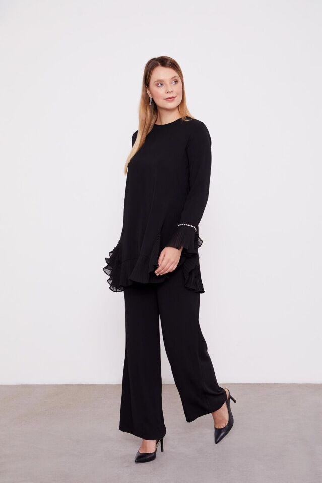 100416 SIFIR YAKA KOL UCU TAŞLI PİLİSESİ VOLANLI EN ALT KISMI VOLANLI ASİMETRİK KESİM PANTOLONUN BELİ LASTİKLİ ŞIK TAKIM #02-25#