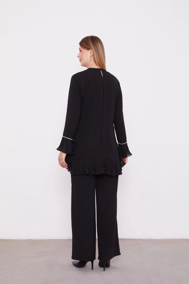 100416 SIFIR YAKA KOL UCU TAŞLI PİLİSESİ VOLANLI EN ALT KISMI VOLANLI ASİMETRİK KESİM PANTOLONUN BELİ LASTİKLİ ŞIK TAKIM #02-25#