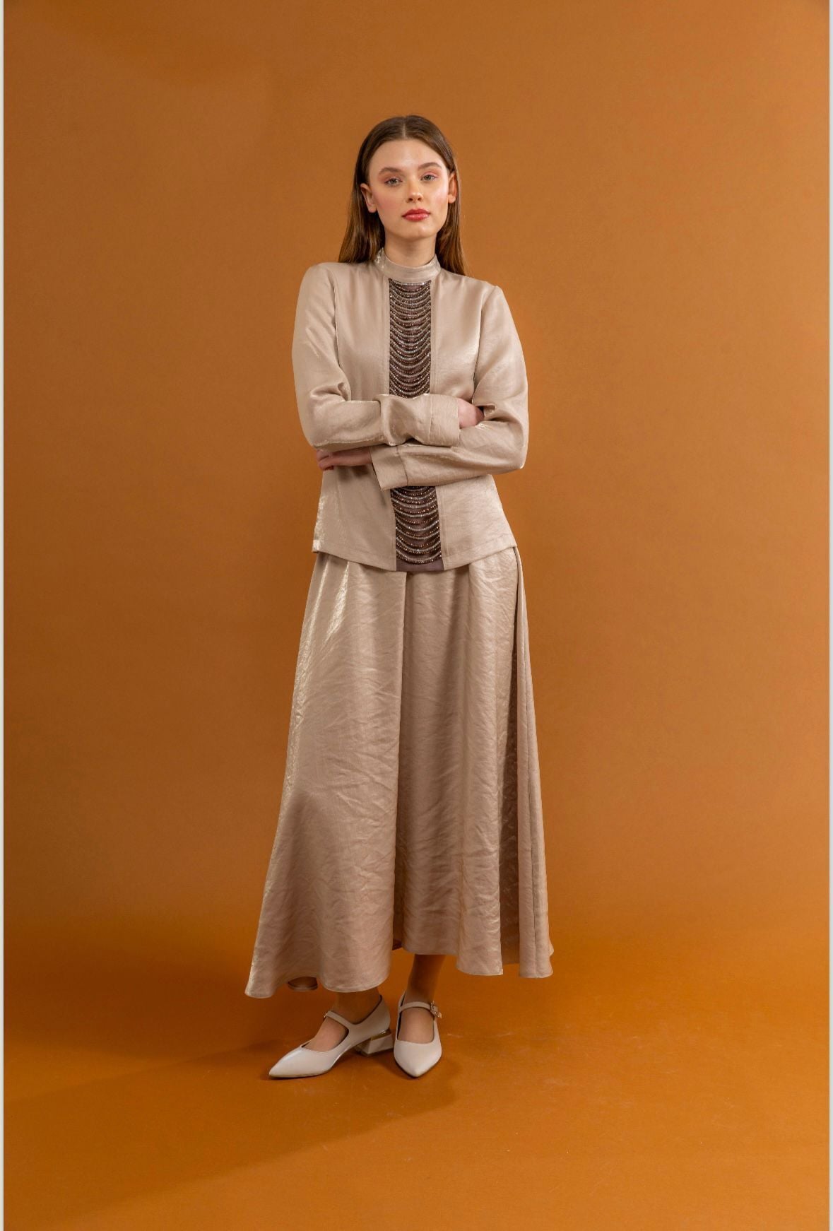 1622 ETEKLİ TAKIM SIFIR YAKA ÖNÜ BONCUK DETAYLI ETEK BELİ LASTİKLİ LAL KUMAŞ ŞIK ETEKLİ TAKIM #03-25#