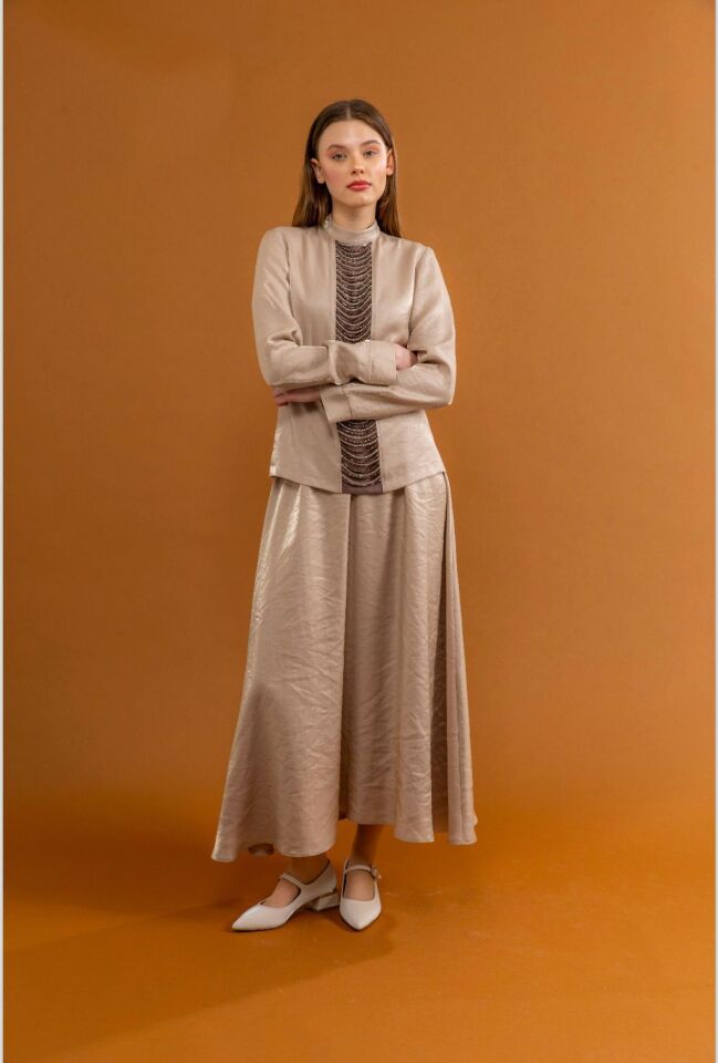 1622 ETEKLİ TAKIM SIFIR YAKA ÖNÜ BONCUK DETAYLI ETEK BELİ LASTİKLİ LAL KUMAŞ ŞIK ETEKLİ TAKIM #03-25#