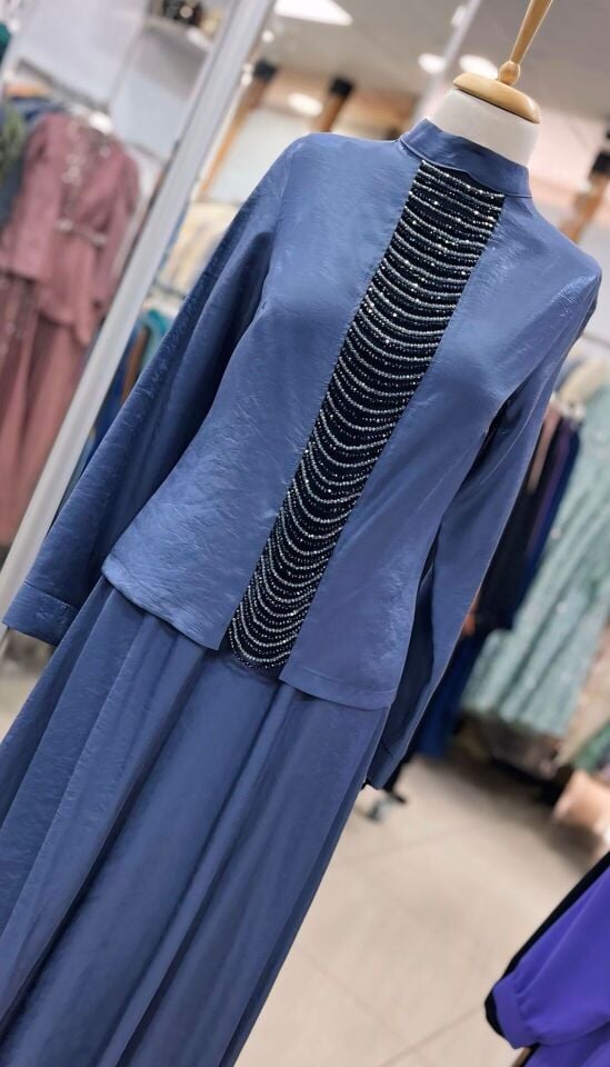 1622 ETEKLİ TAKIM SIFIR YAKA ÖNÜ BONCUK DETAYLI ETEK BELİ LASTİKLİ LAL KUMAŞ ŞIK ETEKLİ TAKIM #03-25#