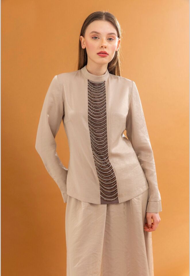 1622 ETEKLİ TAKIM SIFIR YAKA ÖNÜ BONCUK DETAYLI ETEK BELİ LASTİKLİ LAL KUMAŞ ŞIK ETEKLİ TAKIM #03-25#