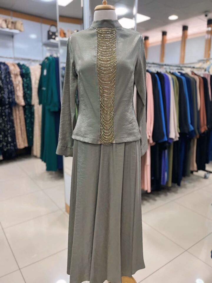 1622 ETEKLİ TAKIM SIFIR YAKA ÖNÜ BONCUK DETAYLI ETEK BELİ LASTİKLİ LAL KUMAŞ ŞIK ETEKLİ TAKIM #03-25#