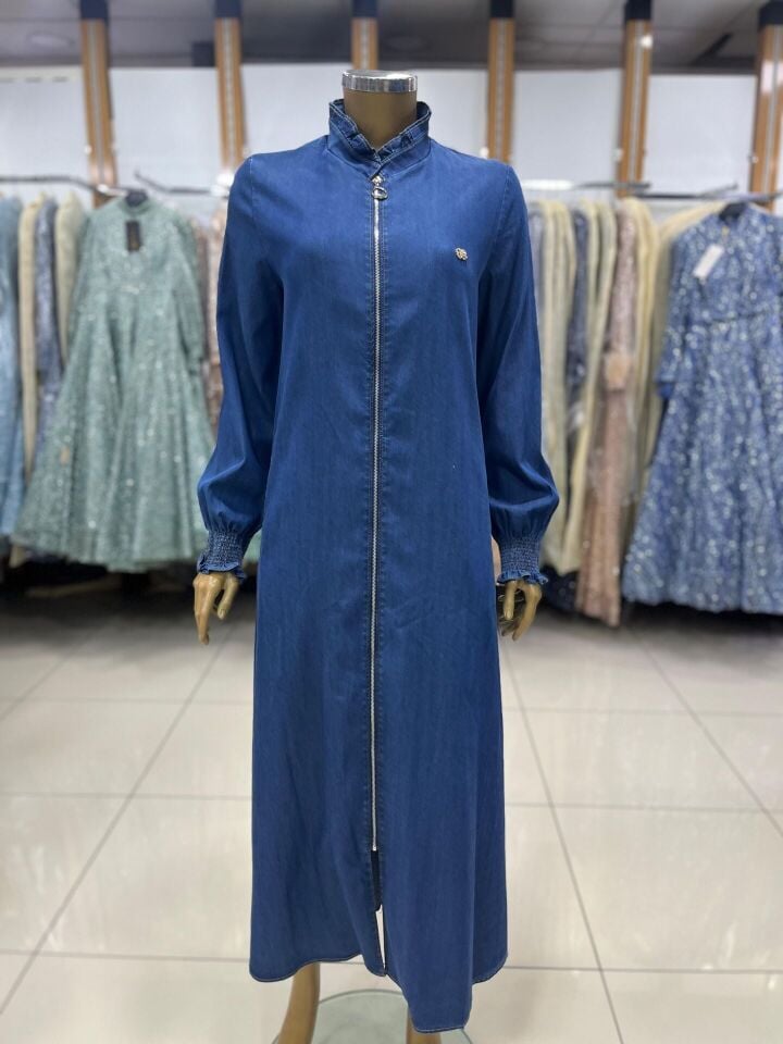 65002 YAKASI FIRFIR DETAYLI KOL UCU LASTİKLİ KOT FERACE #06-25#