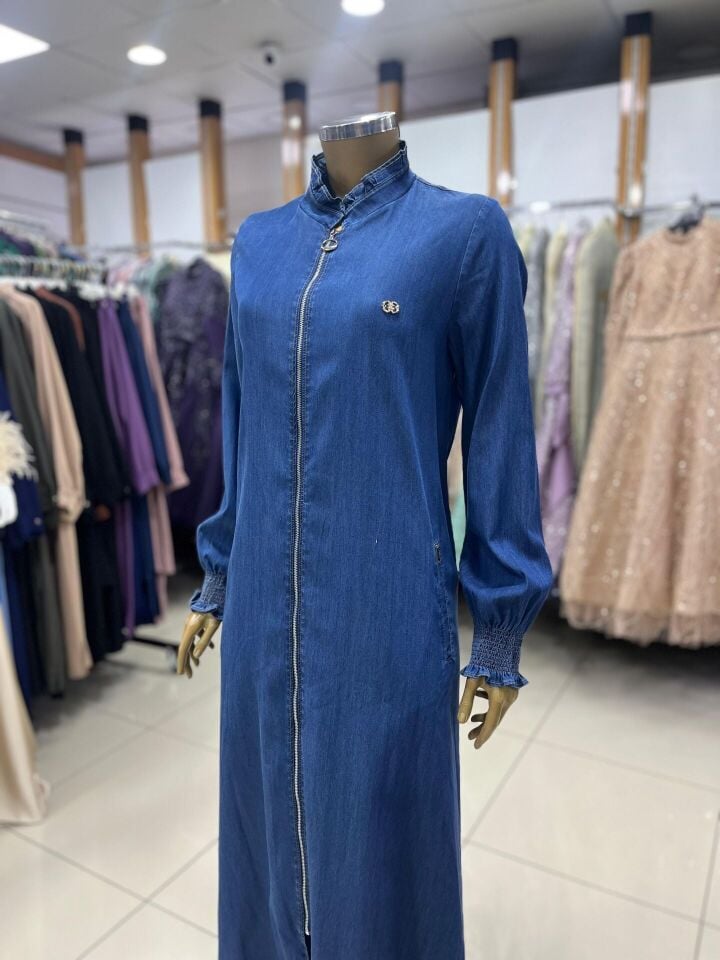 65002 YAKASI FIRFIR DETAYLI KOL UCU LASTİKLİ KOT FERACE #06-25#