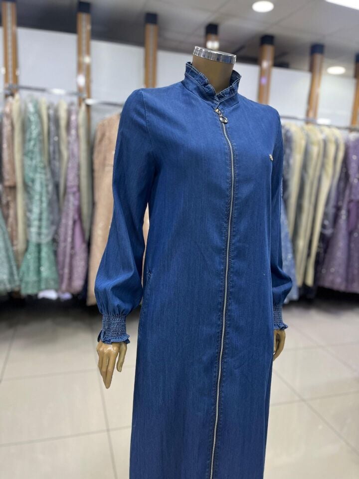 65002 YAKASI FIRFIR DETAYLI KOL UCU LASTİKLİ KOT FERACE #06-25#