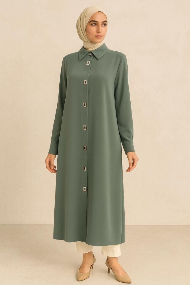 1517 ÖNDEN KARE ÇIT ÇIT DÜĞMELİ GÖMLEK YAKA KLASİK TUNİK #102429#