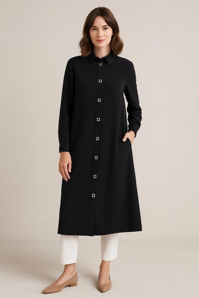 1517 ÖNDEN KARE ÇIT ÇIT DÜĞMELİ GÖMLEK YAKA KLASİK TUNİK #102429#