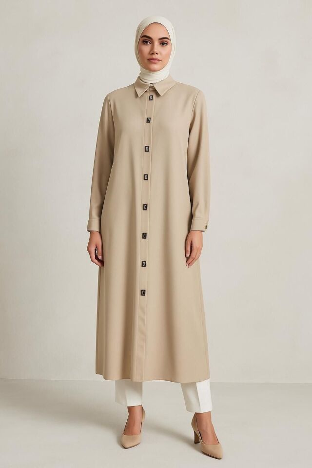 1517 ÖNDEN KARE ÇIT ÇIT DÜĞMELİ GÖMLEK YAKA KLASİK TUNİK #102429#