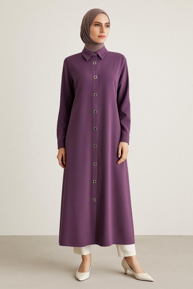 1517 ÖNDEN KARE ÇIT ÇIT DÜĞMELİ GÖMLEK YAKA KLASİK TUNİK #102429#