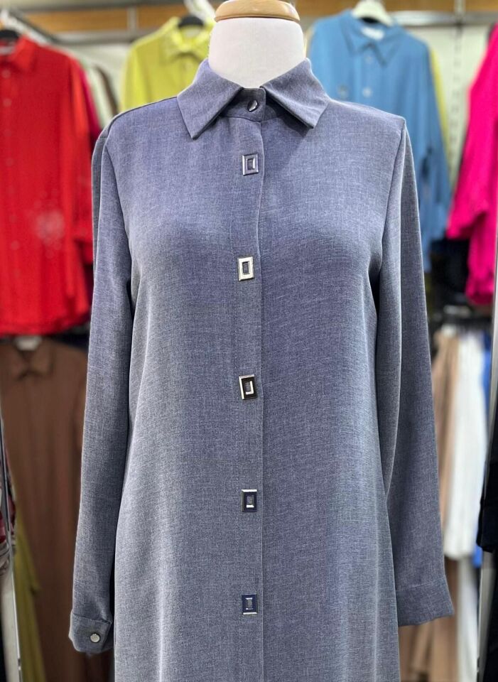 1517.1 ÖNÜ KARE DÜĞMELİ ÇITÇITLI GÖMLEK YAKA UZUN TUNİK YENİ SEZON #02-25#